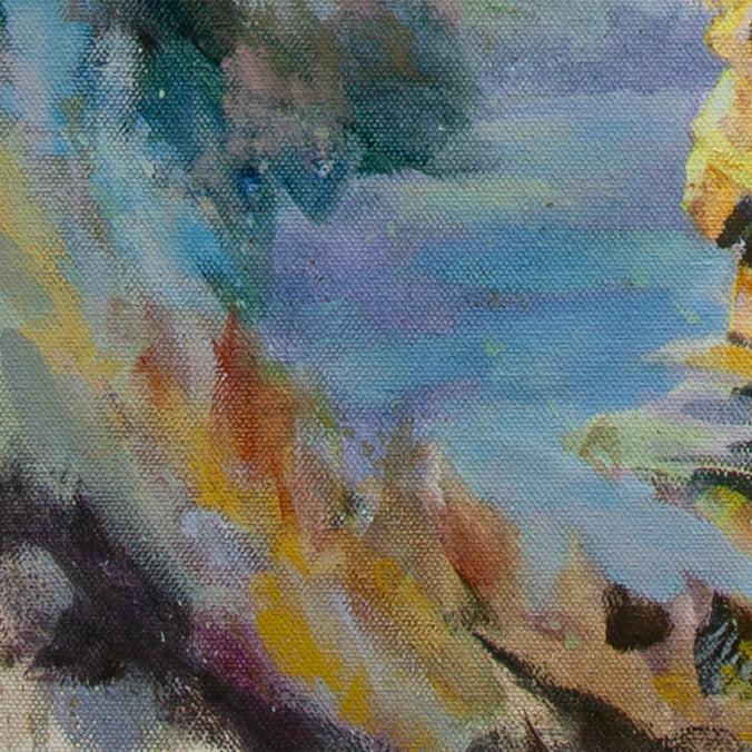 Close-up of orange-brown and red cliffside with blue and purple tones from Splash Zone, Santa Cruz coastal landscape painting.