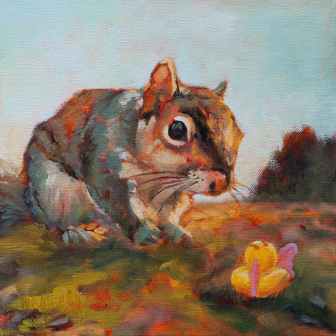 Original painting of a squirrel and yellow duck with pink wings facing each other in golden grass under a blue sky, wildlife artwork by Martina Goulart.