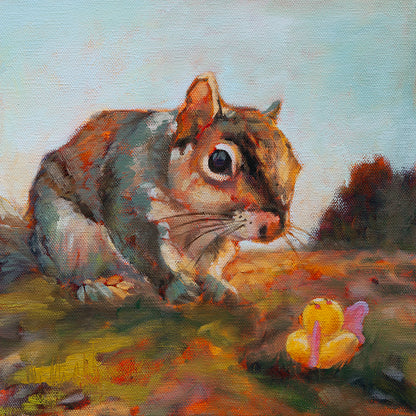 Original painting of a squirrel and yellow duck with pink wings facing each other in golden grass under a blue sky, wildlife artwork by Martina Goulart.