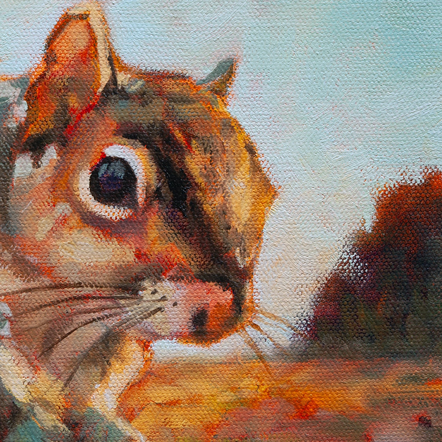 Close-up of the squirrel’s head in golden and dark browns with green highlights and blue sky background from Curious Exchange, wildlife art.