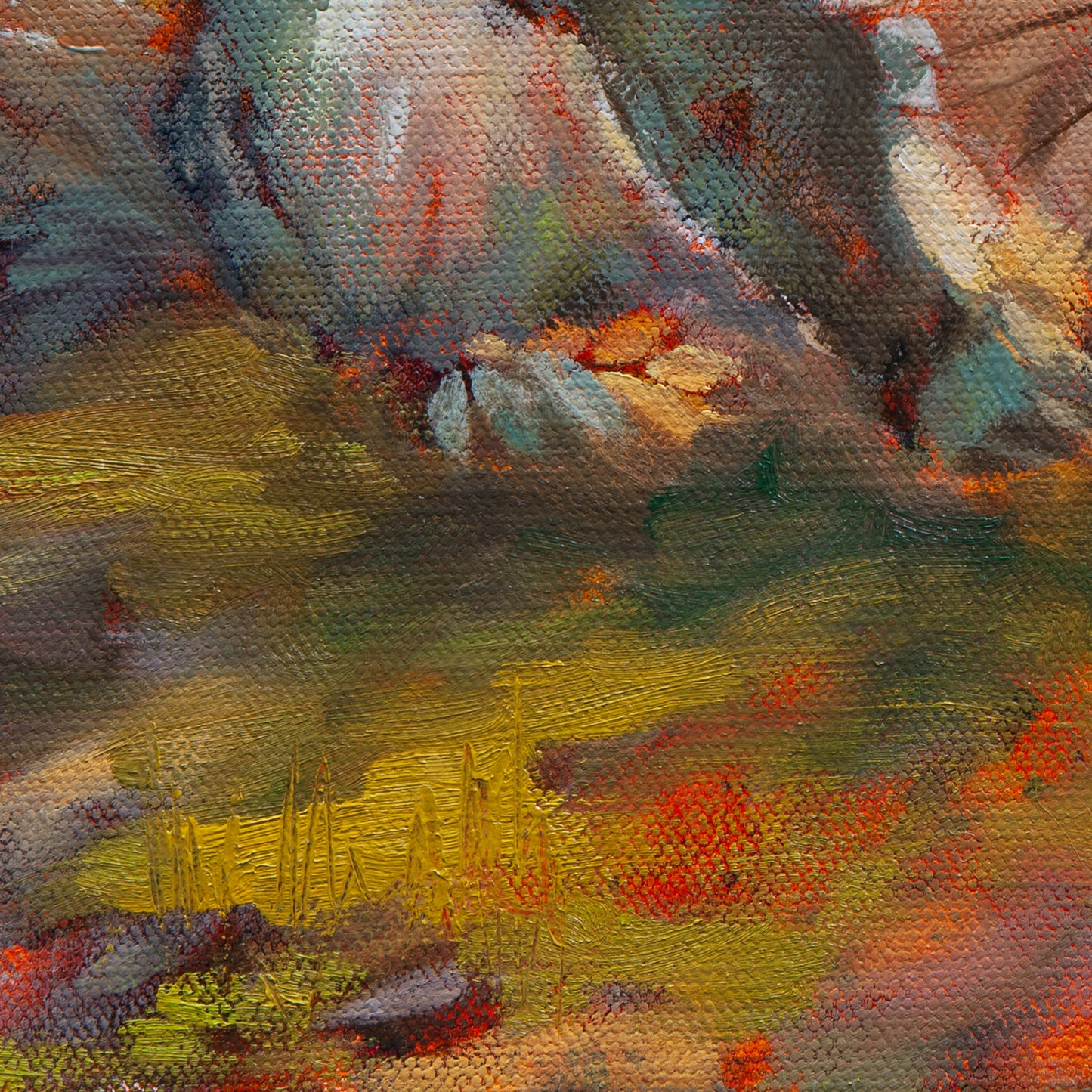 Detail of golden-green grass with orange tones and the squirrel’s blue-gray leg from Curious Exchange, a wildlife painting by Martina Goulart.