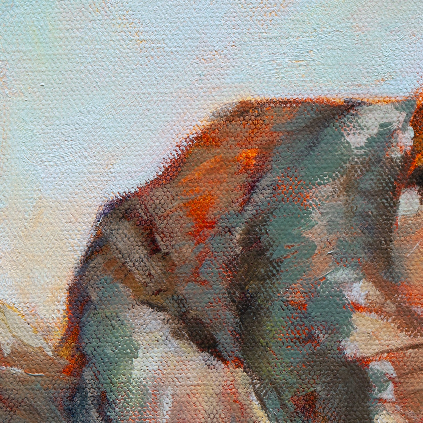 Close-up of the squirrel’s back in golden-brown and gray tones against a light blue sky from Curious Exchange, wildlife artwork by Martina Goulart.