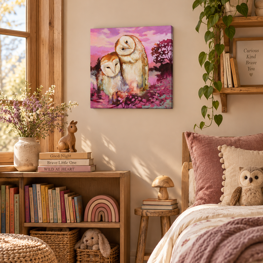 Barn owl art print in a warm, nature-inspired children’s bedroom with natural wood furniture, cozy woven textures, books, and soft pink and lavender accents.