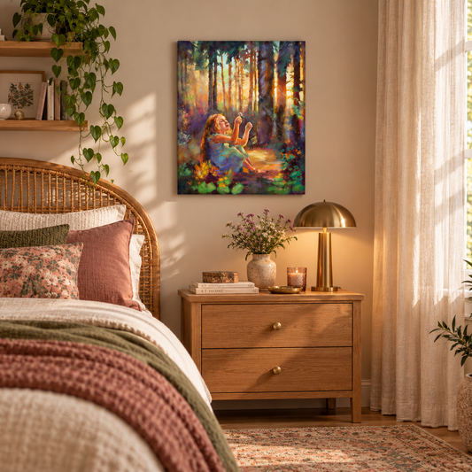 Colorful forest art print by Martina Goulart Studio featuring a young girl enjoying a magical sunlit woodland, displayed above a wooden nightstand in a cozy teenage girl's bedroom with earthy pink, olive green, and natural wood decor.