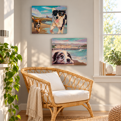 Two colorful coastal oil paintings by Martina Goulart featuring playful dogs on Santa Cruz beaches, displayed above a cozy rattan chair in a sunlit living room with warm neutral decor, natural textures, and green plants.