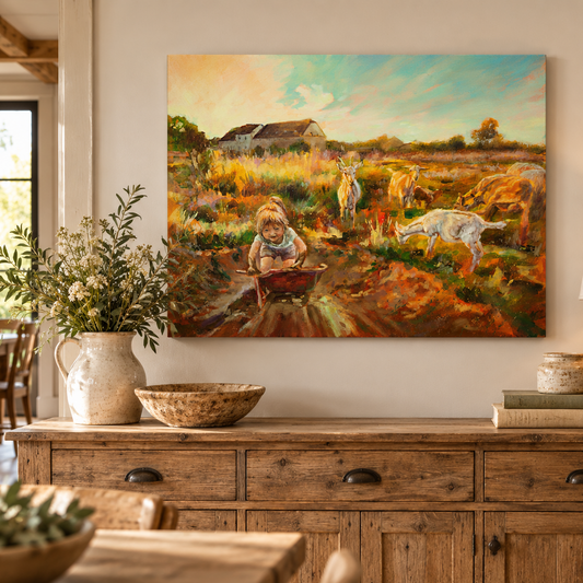 Colorful farmhouse painting by Martina Goulart featuring a young girl with a red wheelbarrow surrounded by grazing goats, displayed above a rustic wooden cabinet in a warm farmhouse-style living room.