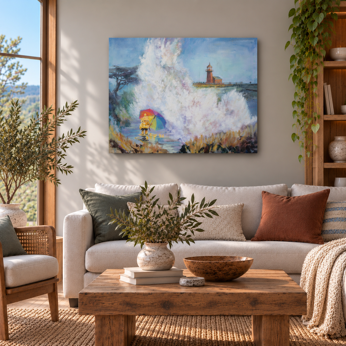 “Splash Zone” original oil painting by Martina Goulart, featuring a child with a colorful umbrella beneath crashing ocean waves near a Santa Cruz lighthouse, displayed above a cream sofa in a modern coastal living room.