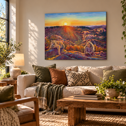 Belonging, a 40×30 oil painting by Martina Goulart featuring a young girl and mountain lion in a colorful sunset landscape, displayed above a cream sofa in a cozy living room with natural wood furniture, warm daylight, and earthy green accents.