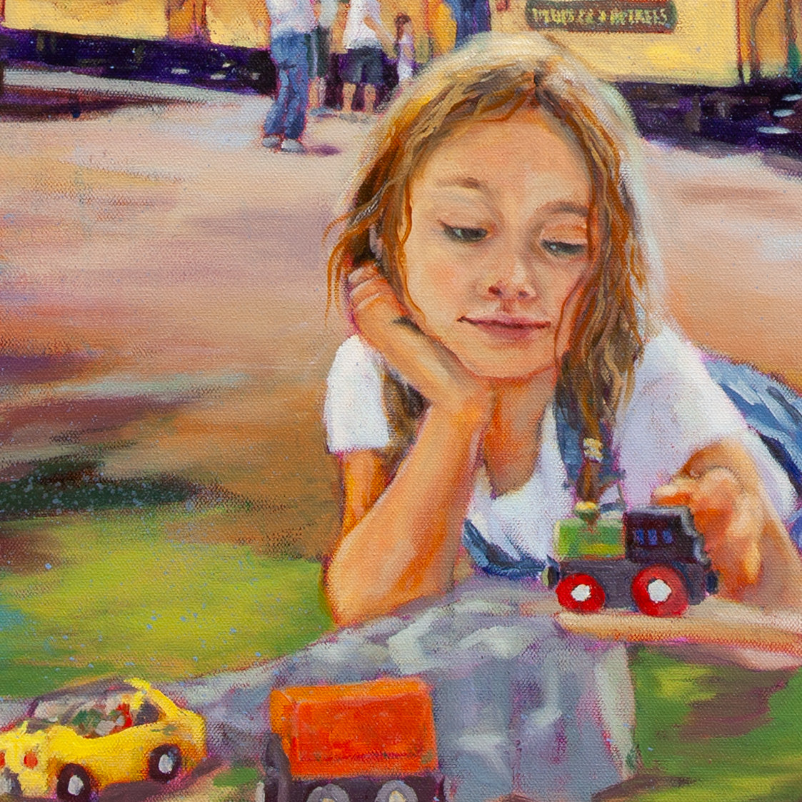 Close-up of girl with light brown hair lying on her stomach playing with toy train set in The Adventure Line, Felton railroad painting.