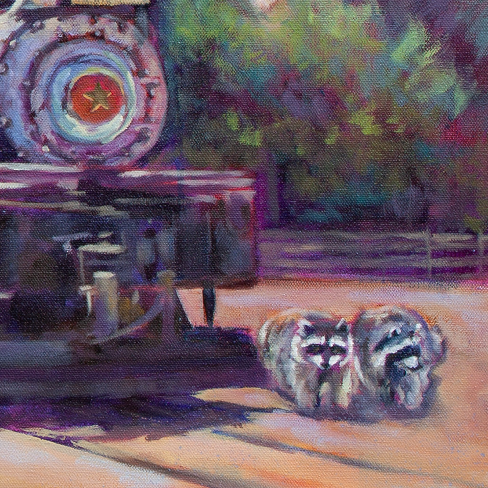 Detail of Roaring Camp steam engine with two raccoons on sunny tan ground and green trees behind, from The Adventure Line by Martina Goulart.