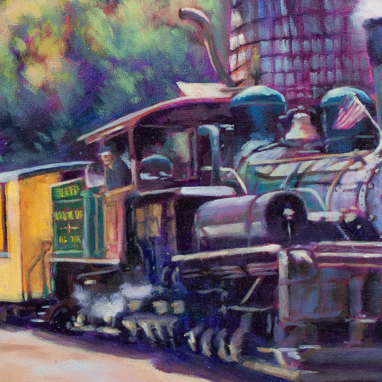 Close-up of colorful steam engine with purples, blues, greens, and magenta tones beside yellow car and trees from The Adventure Line.