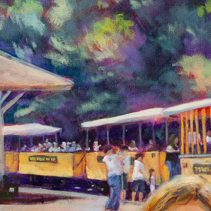 Detail of yellow railroad cars filled with people against green forest backdrop from The Adventure Line, Roaring Camp painting.
