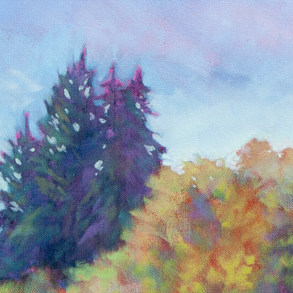 Close-up of redwood and leafy treetops in green, yellow, and purple hues from The Adventure Line, Santa Cruz Mountains painting.