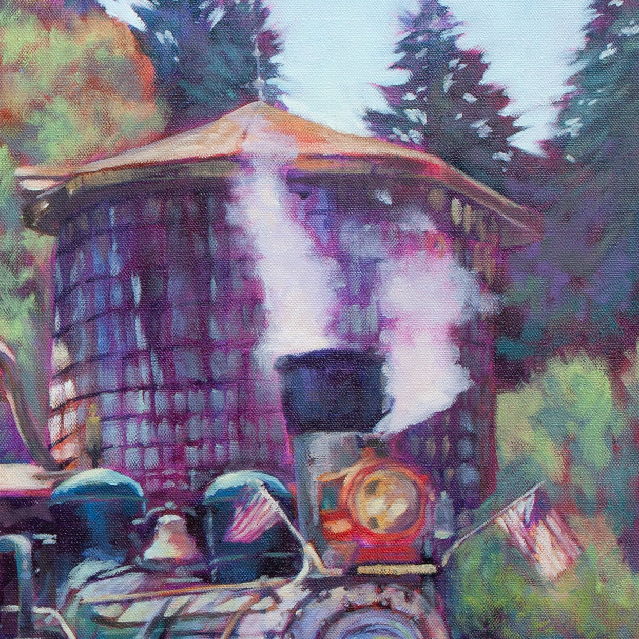 Close-up of steam rising near water tank with soft blues, purples, and green tones from The Adventure Line, redwood railroad artwork.