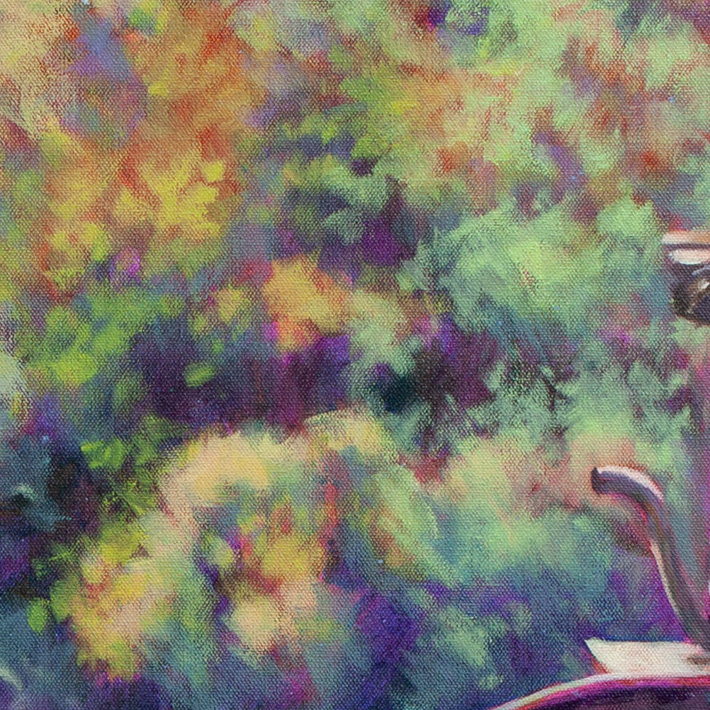 Detail of forest foliage in yellow-green, dark green, orange, and magenta tones from The Adventure Line, redwood forest art.