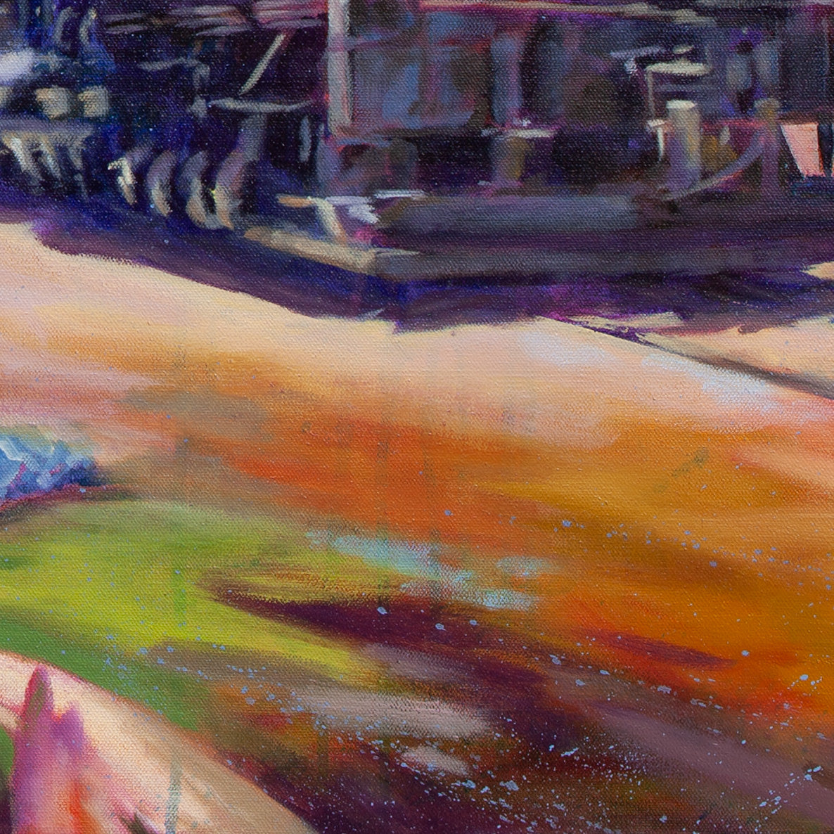 Close-up of ground with expressive orange, green, and dark purple brushstrokes from The Adventure Line, landscape painting.