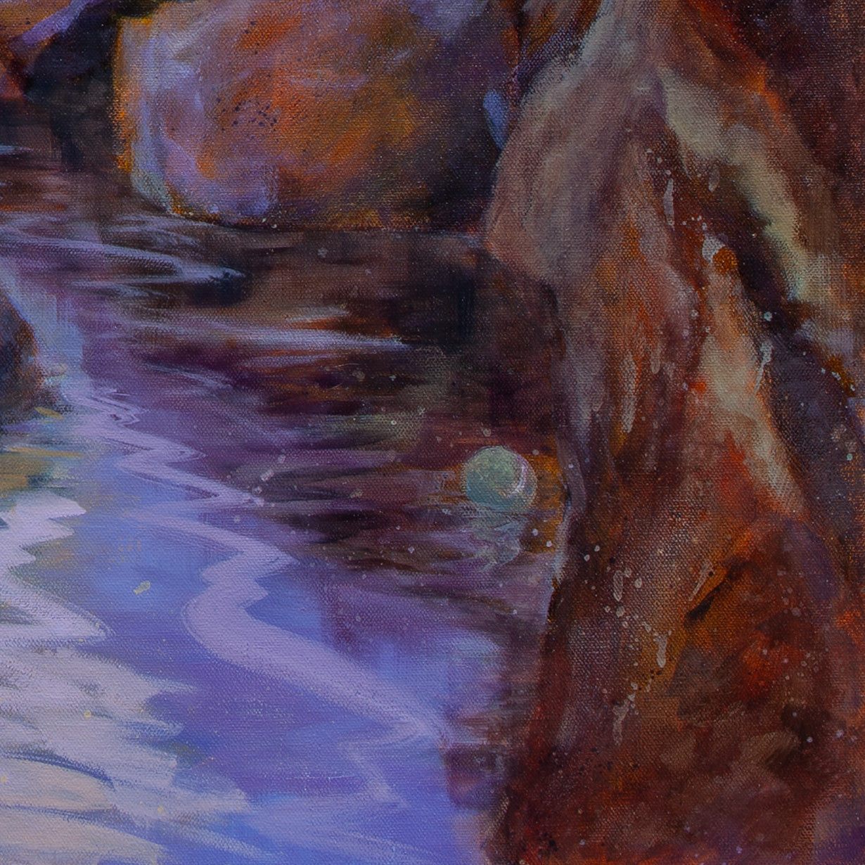 Detail of red-brown rock and purple reflections on the water with expressive brushstrokes from The Duck, the Dog, and the Sea, coastal painting.