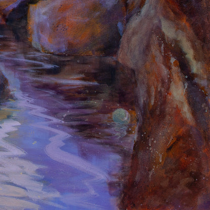 Detail of red-brown rock and purple reflections on the water with expressive brushstrokes from The Duck, the Dog, and the Sea, coastal painting.