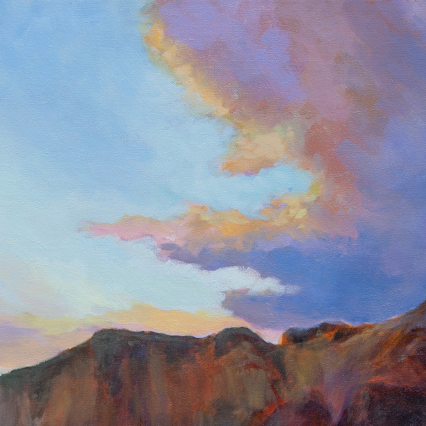 Close-up of purple cloud with orange edges and light blue sky above red-brown rock from The Duck, the Dog, and the Sea, Santa Cruz artwork.