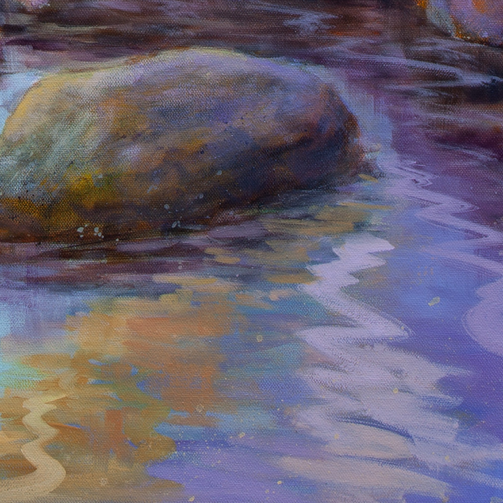 Detail of tan boulder and water with expressive orange and purple brushstrokes from The Duck, the Dog, and the Sea, ocean painting.