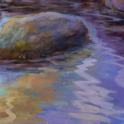 Detail of tan boulder and water with expressive orange and purple brushstrokes from The Duck, the Dog, and the Sea, ocean painting.