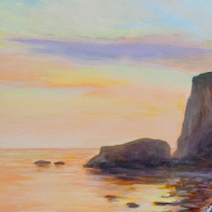 Close-up of rock arch and ocean with warm orange-yellow sunset sky from The Duck, the Dog, and the Sea, Santa Cruz coastal painting.