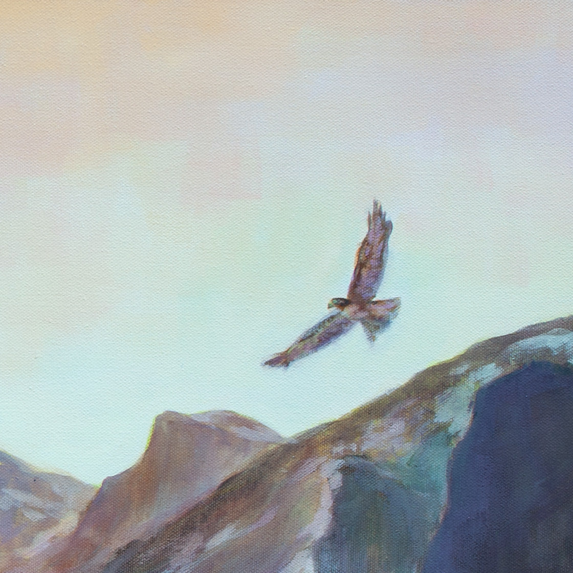 Close-up of a brown-purple falcon flying across soft yellow-orange sky with brown mountains and distant Half Dome from The Ones Who Came to Fly.