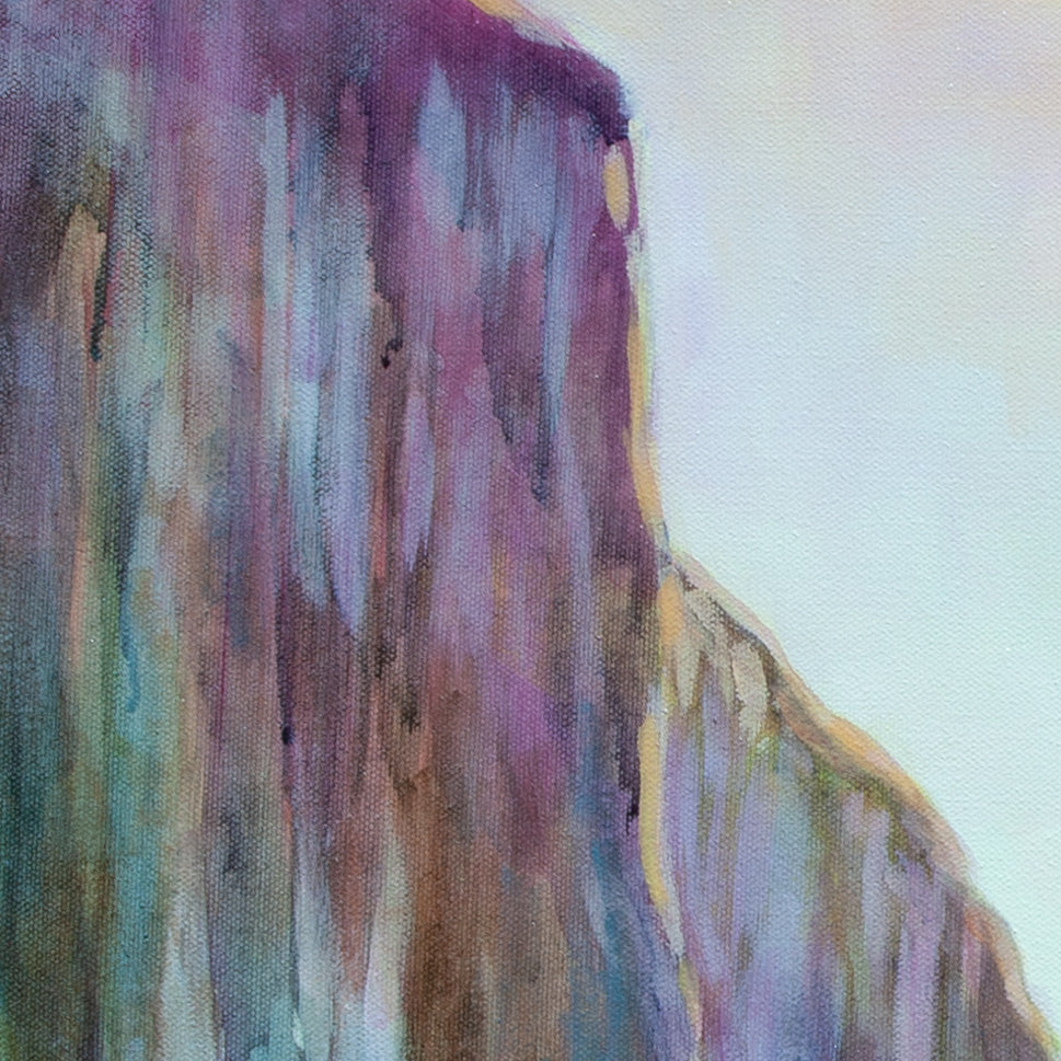 Detail of El Capitan rock face in purples, blues, and magenta tones from The Ones Who Came to Fly, Yosemite painting by Martina Goulart.