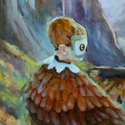 Close-up of boy wearing brown feather costume and mask, expressive brushstrokes with green valley and rock wall behind from The Ones Who Came to Fly.