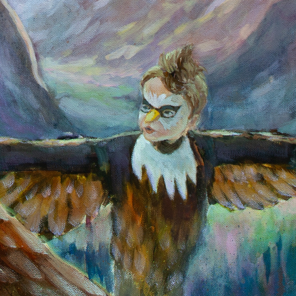 Detail of child with spread arms in eagle costume, brown feathers and painted face with Yosemite Valley in the distance from The Ones Who Came to Fly.