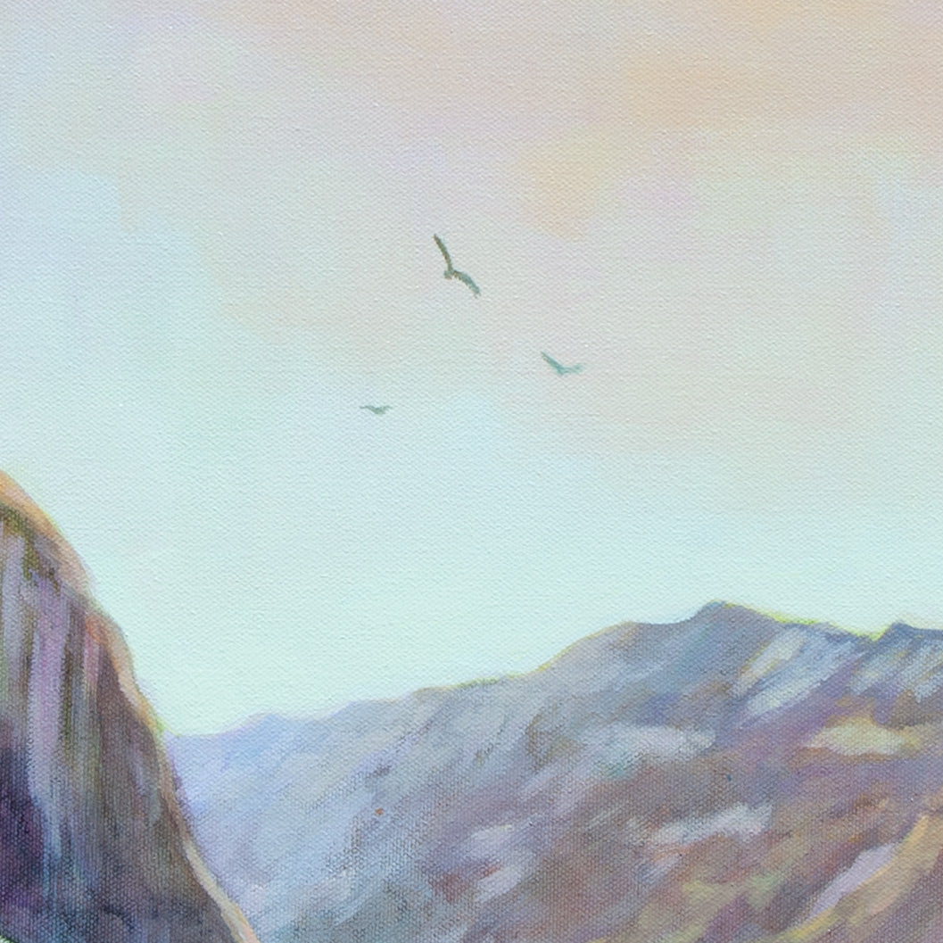 Detail of soft yellow-orange sky above purple distant mountains with falcons flying overhead from The Ones Who Came to Fly, Yosemite artwork.