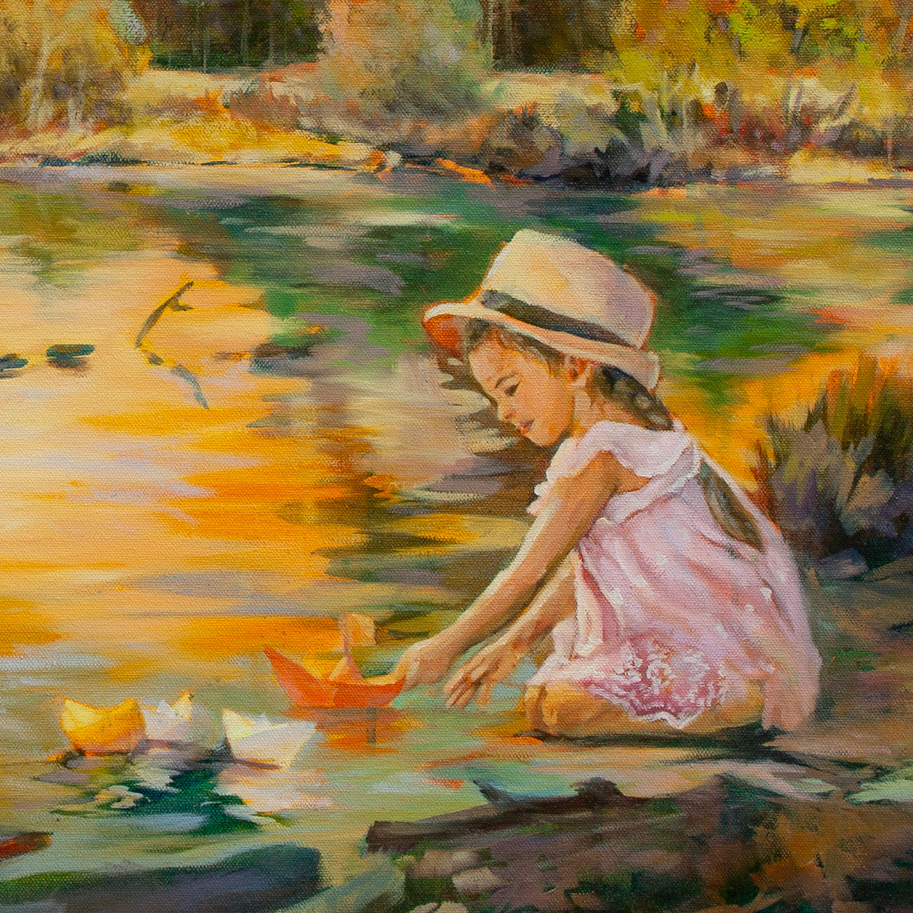 Close-up of girl in tan hat and pink dress playing by river edge with orange and white paper boats, warm yellow-orange tones and expressive brushstrokes.