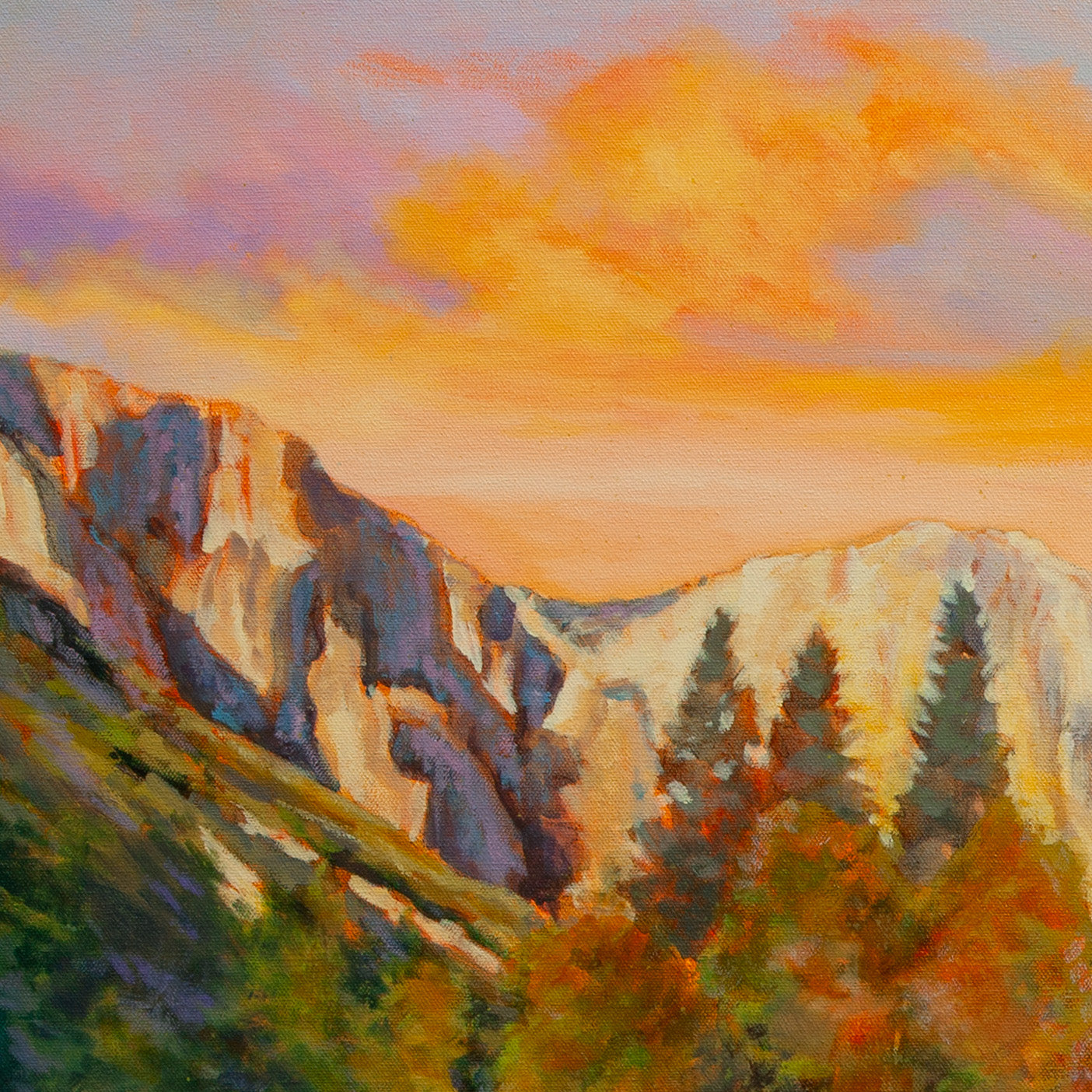 Detail of mountain peak under orange sky with purple touches and treetops of green and orange-green from The Peace of Play, Yosemite artwork.