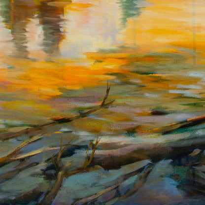 Close-up of shadowed riverbank with browns, blues, greens, and orange highlights on water from The Peace of Play, landscape painting.