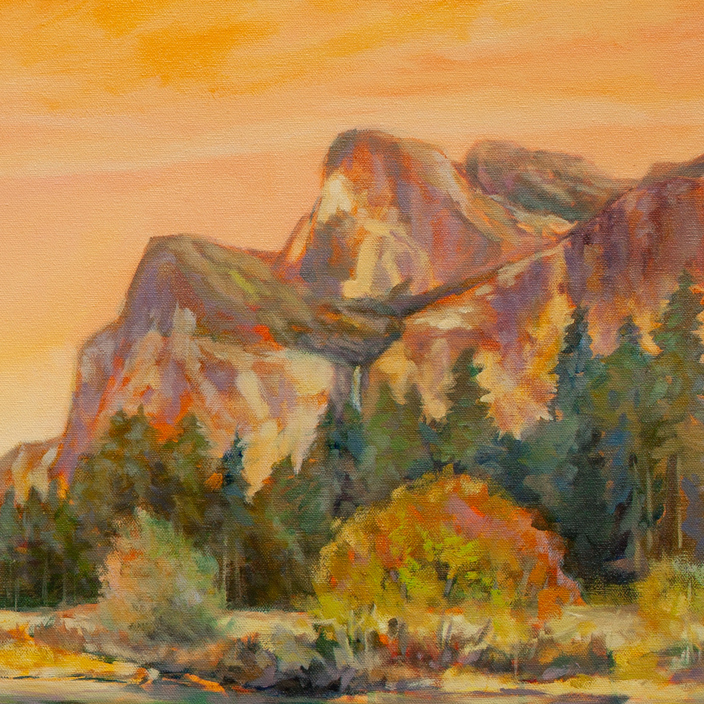 Detail of distant orange-yellow-magenta mountains with green trees and yellow-green grass from The Peace of Play, Yosemite Valley scene.
