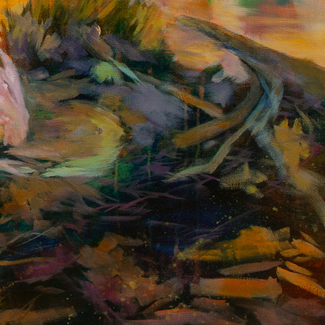 Close-up of shadowed riverbank with twigs, rock shapes, and expressive blue, orange, and teal brushstrokes from The Peace of Play, nature art.