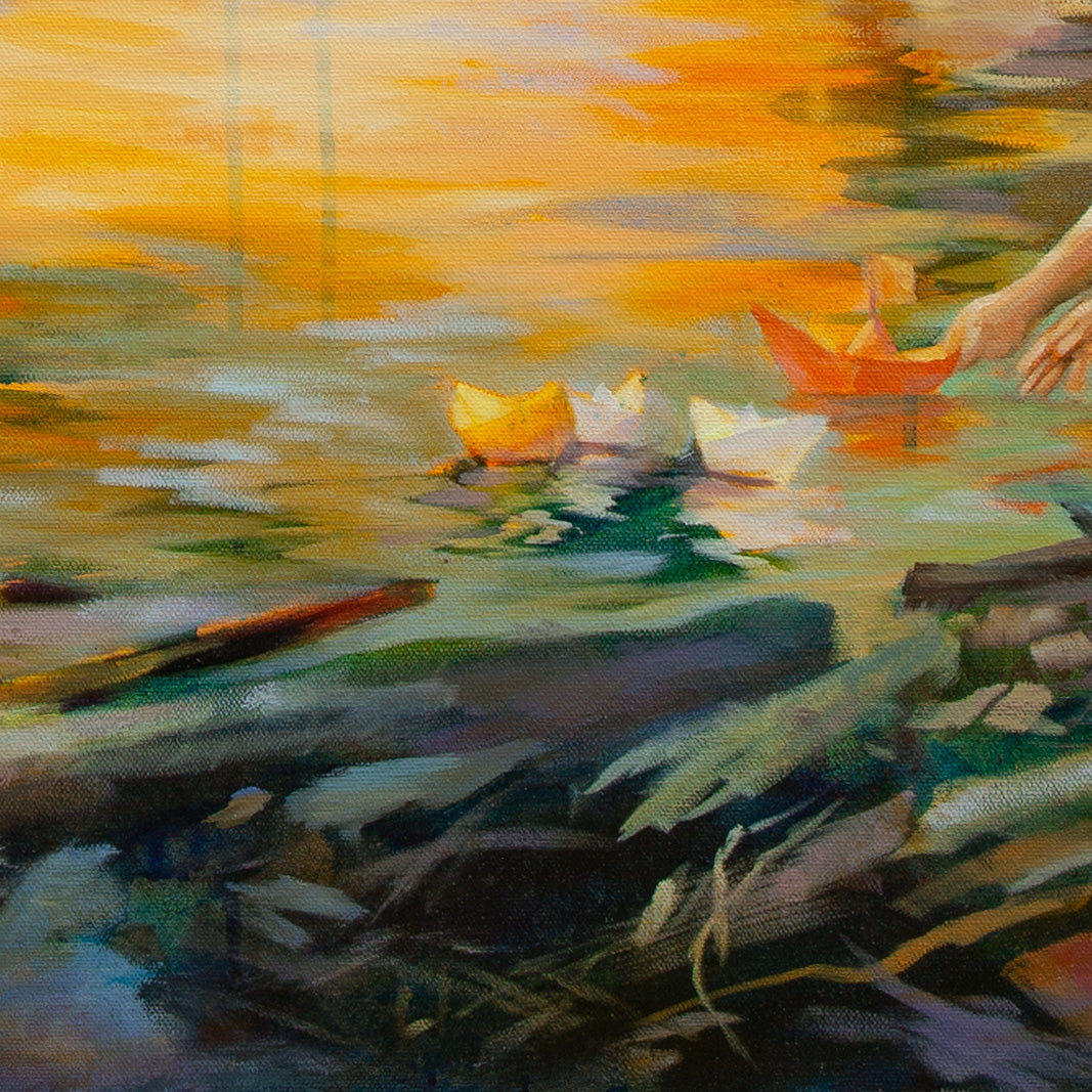 Close-up of colorful paper boats in orange, yellow, and blue tones with expressive brushstrokes on reflective river water from The Peace of Play.