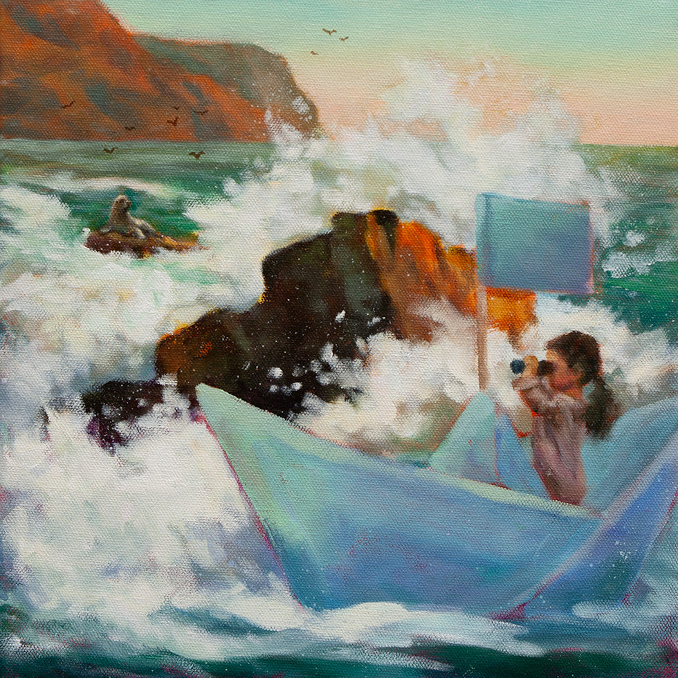 Girl sailing a paper boat through crashing waves and rocks, looking through binoculars toward a seal on a distant rock with cliffs and flying birds.