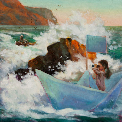 Girl sailing a paper boat through crashing waves and rocks, looking through binoculars toward a seal on a distant rock with cliffs and flying birds.