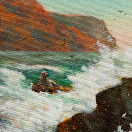 Close-up of a gray seal on a rock with birds flying around, waves crashing below, and distant cliffs in the background.