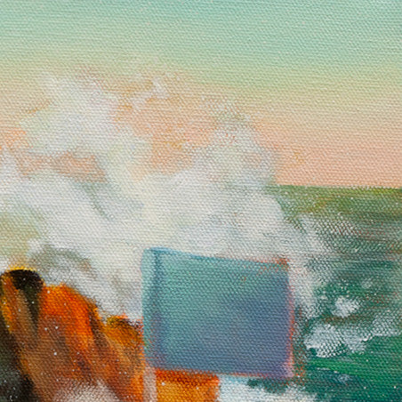 Close-up of orange rocks and a crashing wave with a blue flag on the boat and a warm sunset in the distance.