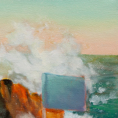 Close-up of orange rocks and a crashing wave with a blue flag on the boat and a warm sunset in the distance.