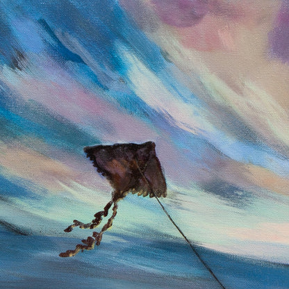 Detail of kite flying against soft teal, pink, and light purple sunset sky from Threads of Light, Santa Cruz coastal painting by Martina Goulart.