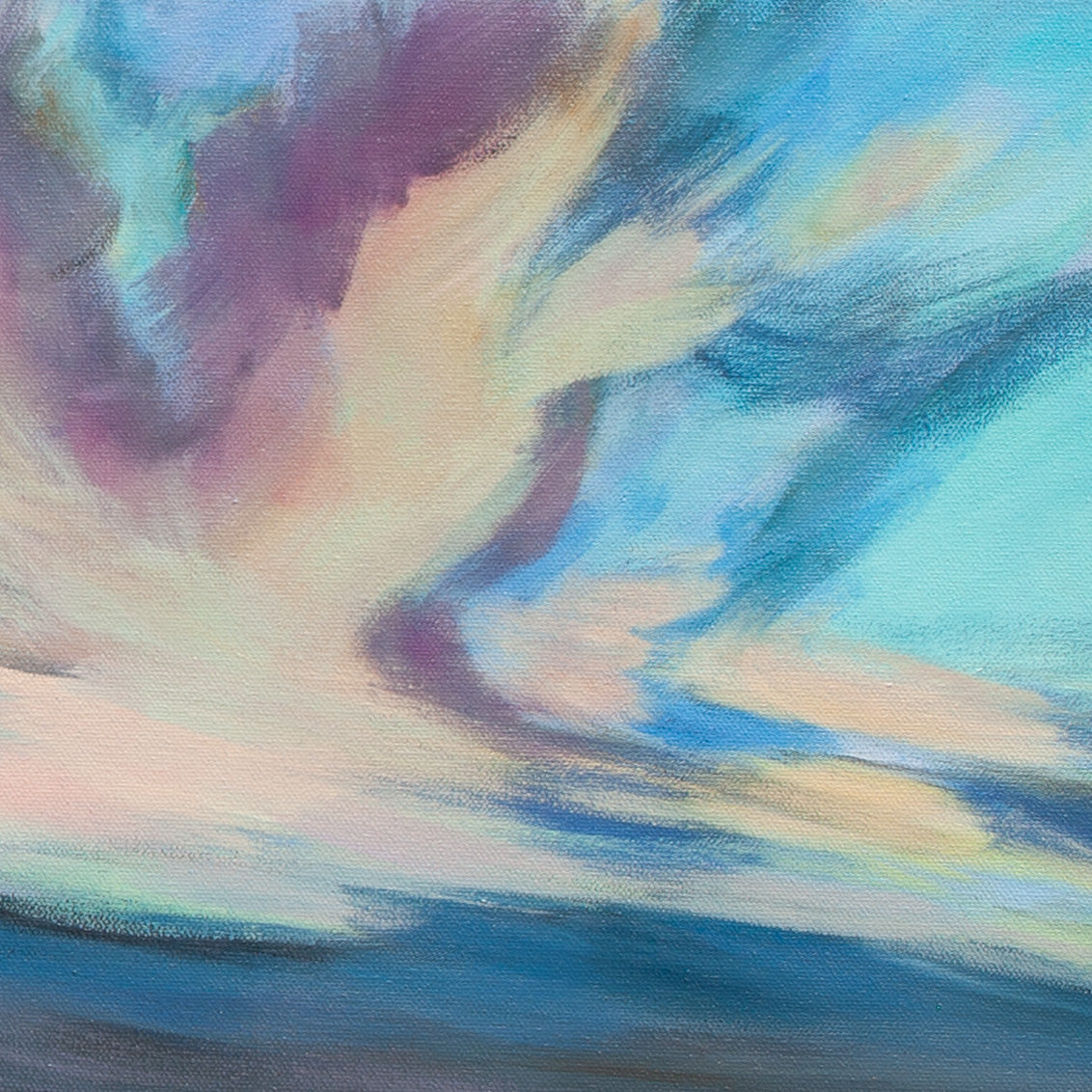 Close-up of sky in purples, teals, and blues with expressive brushstrokes from Threads of Light, coastal sunset artwork by Martina Goulart.