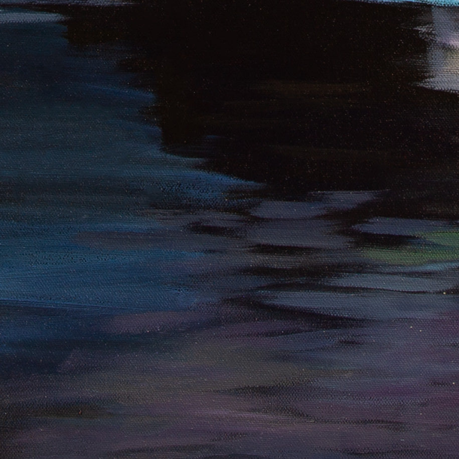 Detail of ocean reflection showing dark purples and blues with soft light transitions from Threads of Light, beach painting.