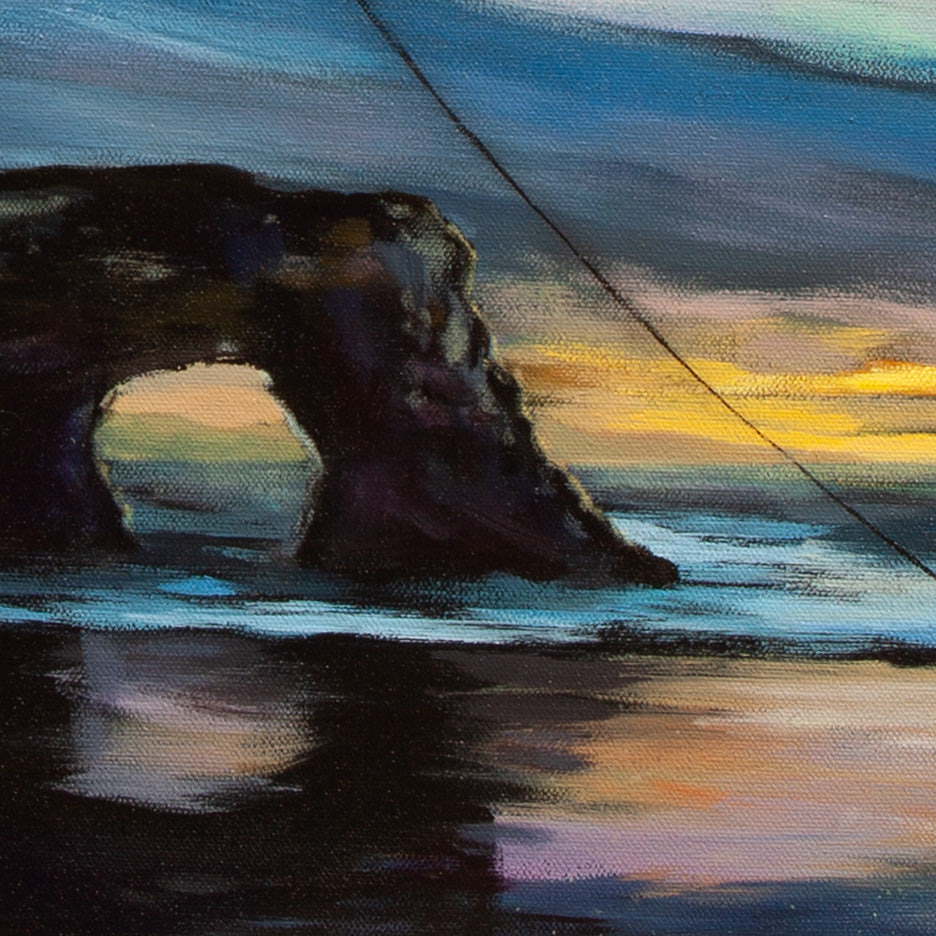 Close-up of Natural Bridges rock arch with reflected yellows, pinks, and cool blues under sunset light from Threads of Light, Santa Cruz art.