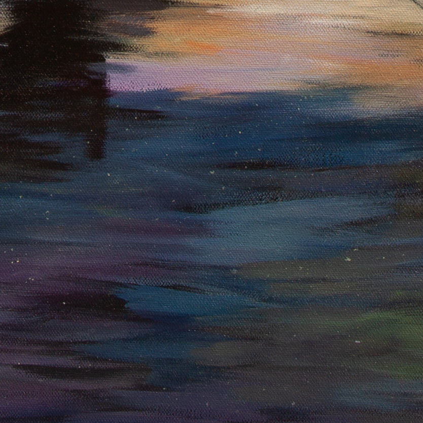 Detail of ocean water with reflections in pinks, oranges, and deep blues from Threads of Light, expressive California coastal painting.