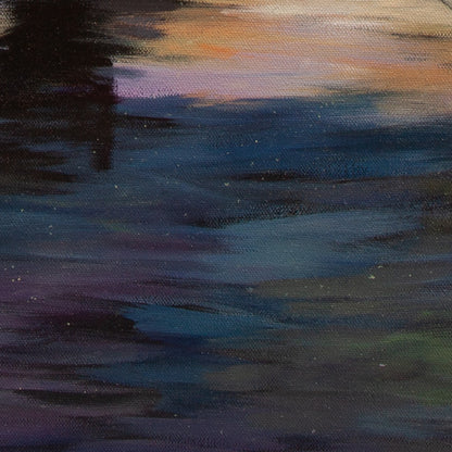 Detail of ocean water with reflections in pinks, oranges, and deep blues from Threads of Light, expressive California coastal painting.