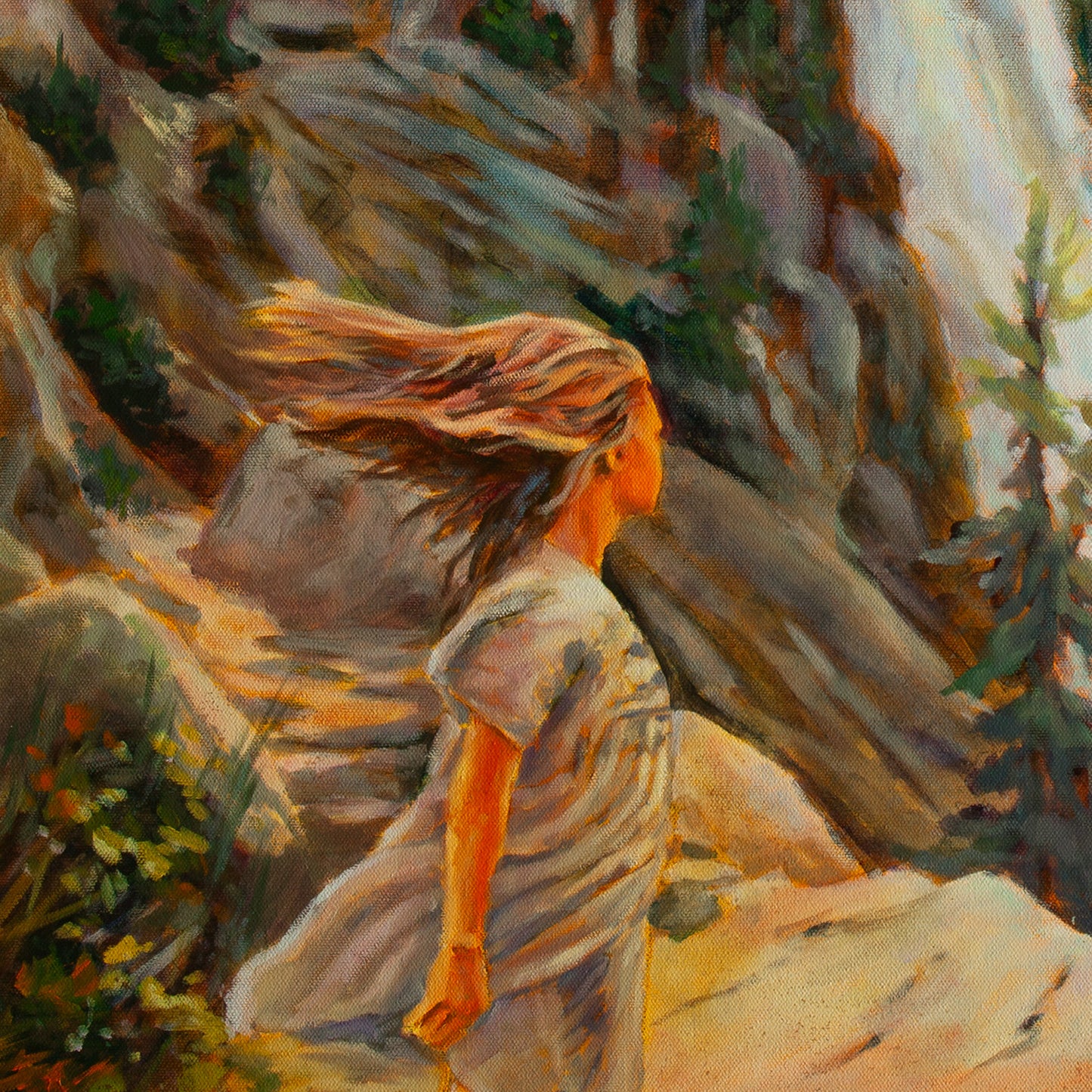 Close-up of girl in tan dress with brown hair blowing in sunlight near Nevada Fall, warm rocks and waterfall behind from Trail of Wonder by Martina Goulart.