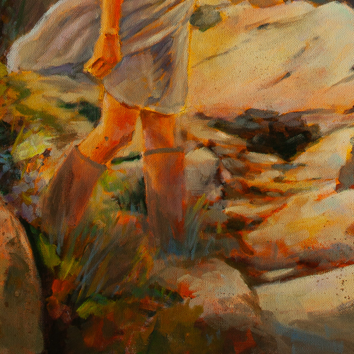 Detail of rocky trail with patches of green and yellow grass, sunlit and shadowed stones from Trail of Wonder, Yosemite painting by Martina Goulart.